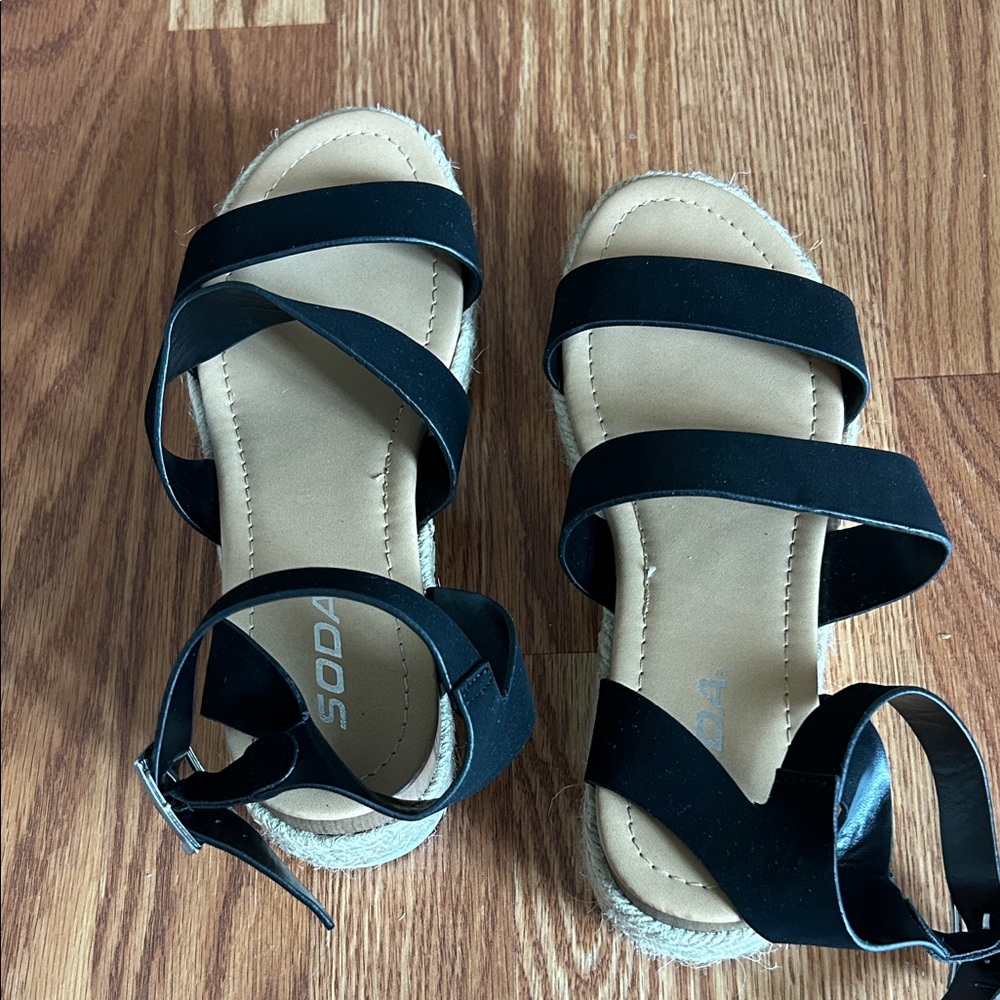 Soda Black Strappy Espadrille Sandals with Ankle Buckle